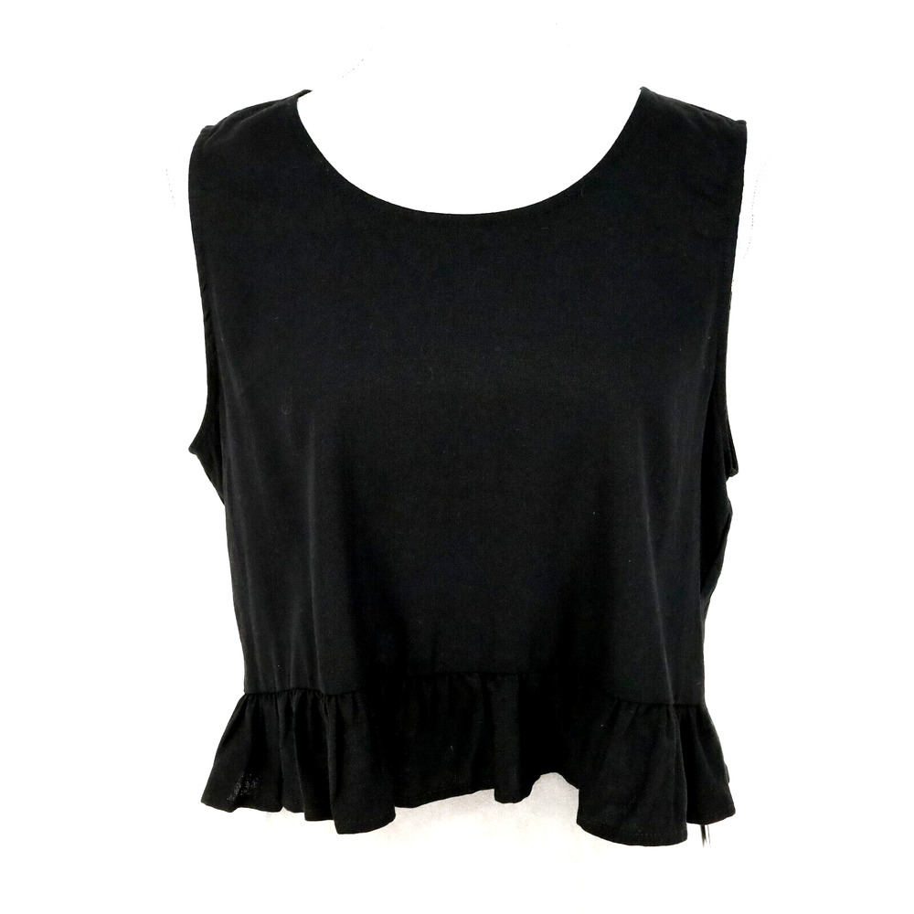 Nicole Miller Top Womens Large Black Linen Blend Ruffle Hem Blouse Resort New